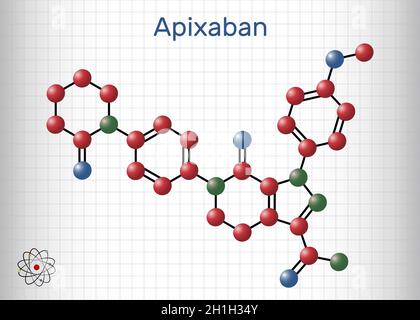 Molécule apixaban.C'est de la pyrazolopyridine, un anticoagulant et un inhibiteur direct du facteur Xa qui est utilisé pour diminuer le risque de thromboses veineuses.SH Illustration de Vecteur