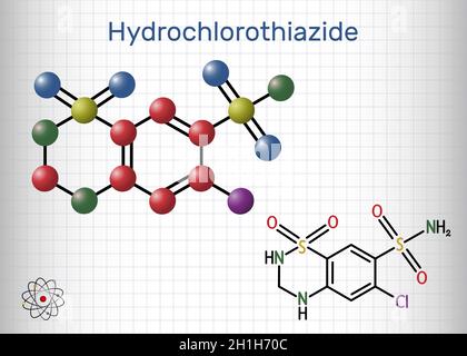 Hydrochlorothiazide, HCTZ, molécule HCT.Il est diurétique thiazidique, utilisé pour traiter l'œdème et l'hypertension.Formule chimique structurelle et modèle moléculaire Illustration de Vecteur