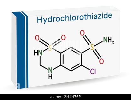 Hydrochlorothiazide, HCTZ, molécule HCT.Il est diurétique thiazidique, utilisé pour traiter l'œdème et l'hypertension.Formule chimique du squelette.Emballage en papier pour Illustration de Vecteur