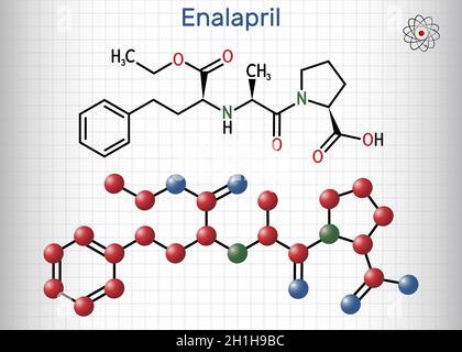 Enalapril, molécule.C'est un médicament inhibiteur de l'ECA pour traiter l'hypertension artérielle, l'insuffisance cardiaque.Formule chimique structurelle et modèle moléculaire.Feuille Illustration de Vecteur