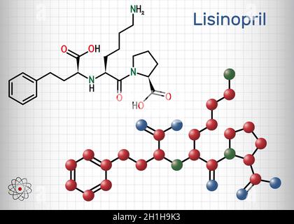 Molécule de Lisinopril.Il est dipeptide, inhibiteur de l'ECA utilisé pour traiter l'hypertension, l'insuffisance cardiaque, les crises cardiaques.Formule chimique structurale et molécule Illustration de Vecteur