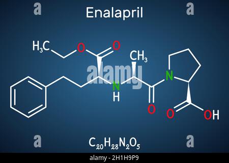 Enalapril, molécule.C'est un médicament inhibiteur de l'ECA pour traiter l'hypertension artérielle, l'insuffisance cardiaque.Formule chimique structurale sur le fond bleu foncé Illustration de Vecteur