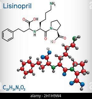 Molécule de Lisinopril.Il est dipeptide, inhibiteur de l'ECA utilisé pour traiter l'hypertension, l'insuffisance cardiaque, les crises cardiaques.Formule chimique structurale et molécule Illustration de Vecteur