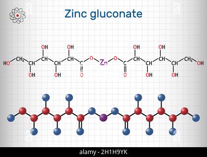 Molécule de gluconate de zinc.Il s'agit d'un composé ionique, d'un sel de zinc d'acide gluconique, d'un supplément minéral à l'état de traces.Formule chimique structurelle et modèle moléculaire.S Illustration de Vecteur