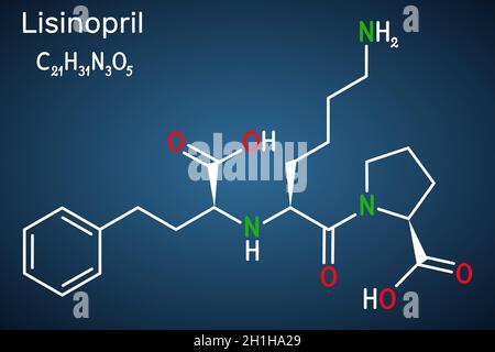 Molécule de Lisinopril.Il est dipeptide, inhibiteur de l'ECA utilisé pour traiter l'hypertension, l'insuffisance cardiaque, les crises cardiaques.Formule chimique structurelle à l'obscurité Illustration de Vecteur