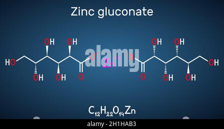 Molécule de gluconate de zinc.Il s'agit d'un composé ionique, d'un sel de zinc d'acide gluconique, d'un supplément minéral à l'état de traces.Formule chimique structurelle sur le dos bleu foncé Illustration de Vecteur