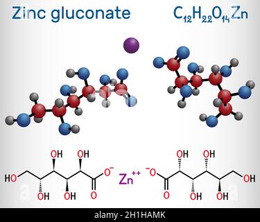 Molécule de gluconate de zinc.Il s'agit d'un composé ionique, d'un sel de zinc d'acide gluconique, d'un supplément minéral à l'état de traces.Formule chimique structurelle et modèle moléculaire.V Illustration de Vecteur