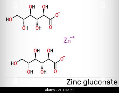 Molécule de gluconate de zinc.Il s'agit d'un composé ionique, d'un sel de zinc d'acide gluconique, d'un supplément minéral à l'état de traces.Formule chimique du squelette.Illustration vectorielle Illustration de Vecteur