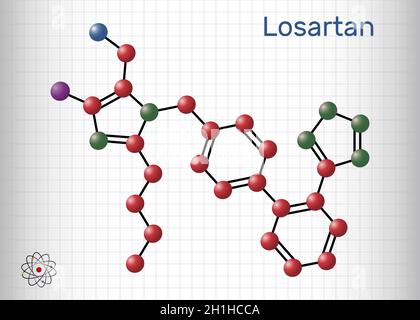 Molécule de losartan.Il est médicament, utilisé pour traiter l'hypertension, la maladie rénale diabétique, l'insuffisance cardiaque.Feuille de papier dans une cage.Illustration vectorielle Illustration de Vecteur