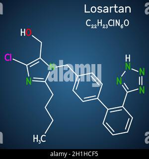 Molécule de losartan.Il est médicament, utilisé pour traiter l'hypertension, la maladie rénale diabétique, l'insuffisance cardiaque.Formule chimique structurale sur le dos bleu foncé Illustration de Vecteur