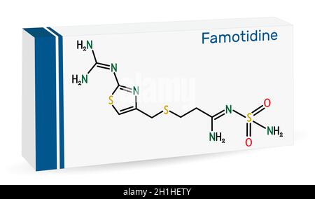 Famotidine, molécule.Il est utilisé pour le traitement de l'ulcère peptique, des brûlures d'estomac, de la maladie de reflux gastro-oesophagien.Formule chimique du squelette.Papier p Illustration de Vecteur