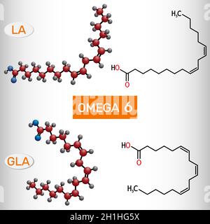 Oméga-6, acides gras polyinsaturés.Acide linoléique (LA), molécule d'acide gamma-linolénique (GLA).Formule chimique structurelle et modèle moléculaire.Vecteur Illustration de Vecteur