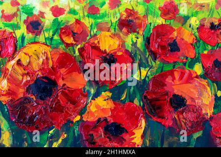 fleurs rouges coquelicots dans l'herbe gros plan fragment de peinture à l'huile et palette couteau impressionnisme belles fleurs Banque D'Images