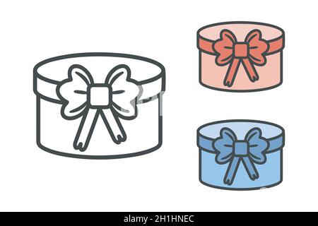 Ensemble d'icônes de boîte cadeau.Présenter le logo pour les vacances.Conception plate, élément isolé à une ligne.Contour noir.Palette de couleurs rose, bleu pastel Illustration de Vecteur