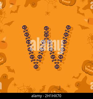 Lettre W d'Halloween de crânes et de croisos pour le design.Police festive pour les vacances et la fête sur fond orange avec citrouilles, araignées, chauves-souris et fantômes Illustration de Vecteur