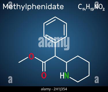 Méthylphénidate, MP, molécule MPH.Il est stimulant du système nerveux central.Utilisé dans le traitement du trouble d'hyperactivité avec déficit de l'attention, TDAH.Structure Illustration de Vecteur