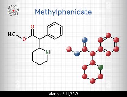 Méthylphénidate, MP, molécule MPH.Il est stimulant du système nerveux central.Utilisé dans le traitement du trouble d'hyperactivité avec déficit de l'attention, TDAH.Structure Illustration de Vecteur