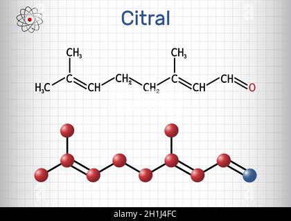 Molécule citral, lémonale, géraniale.Composant d'huile volatile, utilisé pour fabriquer d'autres produits chimiques.Formule chimique structurelle et modèle moléculaire.Feuille de p Illustration de Vecteur