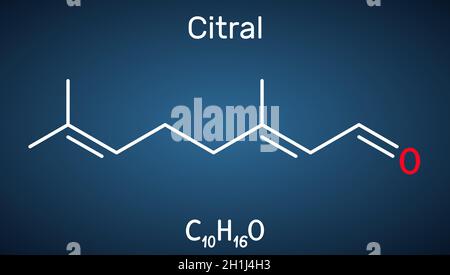 Molécule citral, lémonale, géraniale.Composant d'huile volatile, utilisé pour fabriquer d'autres produits chimiques.Formule chimique squelettique sur fond bleu foncé Illustration de Vecteur