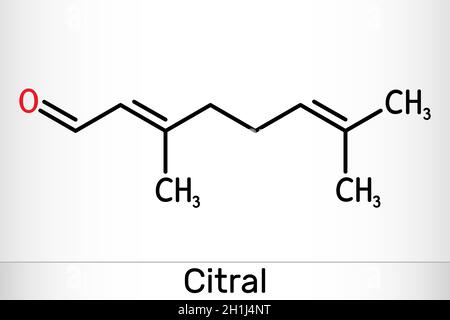 Molécule citral, lémonale, géraniale.Composant d'huile volatile, utilisé pour fabriquer d'autres produits chimiques.Formule chimique du squelette.Illustration vectorielle Illustration de Vecteur