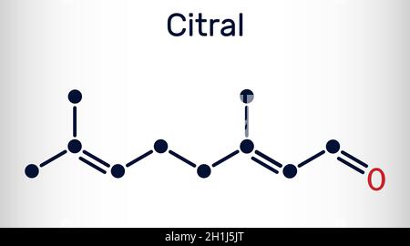 Molécule citral, lémonale, géraniale.Composant d'huile volatile, utilisé pour fabriquer d'autres produits chimiques.Formule chimique du squelette.Illustration vectorielle Illustration de Vecteur