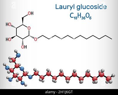 Lauryl glucoside, molécule de dodécyl glucoside.Il s'agit d'un tensioactif non ionique utilisé dans les cosmétiques et les détergents à lessive.Formule chimique structurale et mol Illustration de Vecteur