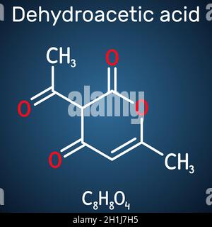 Molécule d'acide déhydroacétique.Il s'agit de cétone, fongicide, agent antibactérien, plastifiant, E265.Formule chimique structurelle sur fond bleu foncé Illustration de Vecteur