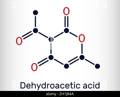 Molécule d'acide déhydroacétique.Il s'agit de cétone, fongicide, agent antibactérien, plastifiant, E265.Formule chimique du squelette. Illustration de Vecteur