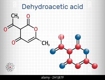 Molécule d'acide déhydroacétique.Il s'agit de cétone, fongicide, agent antibactérien, plastifiant, E265.Formule chimique structurelle et modèle moléculaire.Feuille de Illustration de Vecteur