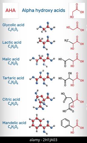 Acides alpha hydroxy, AHA.Glycolique C2H4O3, lactique C3H6O3, malique C4H6O5, tartrique C4H6O6, citrique C6H8O7,Molécule d'acide mandélique C8H8O3.Structure Illustration de Vecteur