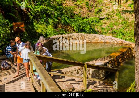 Sao Miguel, île des Açores, Portugal, 16 août 2020 : touristes regardant la vapeur des sources chaudes et des fumaroles au bord de Caldeira Velha Banque D'Images