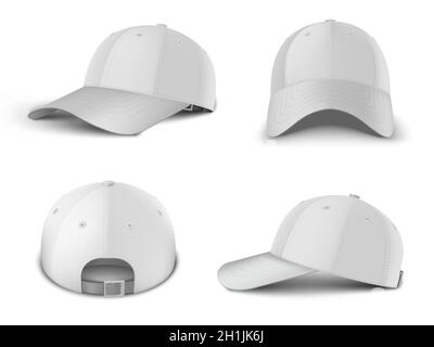 Casquette de baseball blanche perspective latérale, avant, arrière vue latérale ensemble de modèles vectoriels réalistes. Illustration de Vecteur