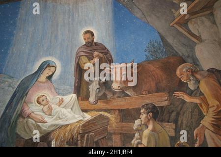 Scène de la Nativité, Église de Shepherds Field à Bethléem, Israël Banque D'Images