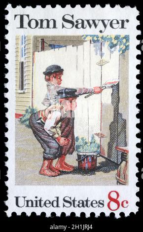 USA - VERS 1972 : timbre imprimé aux États-Unis montre la peinture 'Tom Sawyer', par Norman Rockwell (1894-1978), American Folklore Question, vers 1972 Banque D'Images