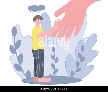 La main humaine aide un homme à surmonter la dépression.Le concept d'aider les personnes dans un état dépressif, de prévenir le suicide, de soutenir les adolescents.Vecteur Illustration de Vecteur