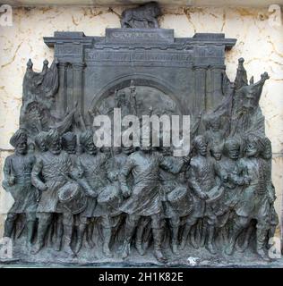 Les soldats sikhs représentaient sur un piédestal de la statue érigée au comte Minto, vice-roi aux Indiens entre 1905 et 1910. Victoria Memorial, Kolkata, Indi Banque D'Images