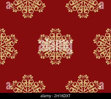 Fond de Noël original avec flocons de neige, motifs sans couture.Fond rouge avec ornement rond doré.Rouge, or.Motif vectoriel transparent.Pour Illustration de Vecteur