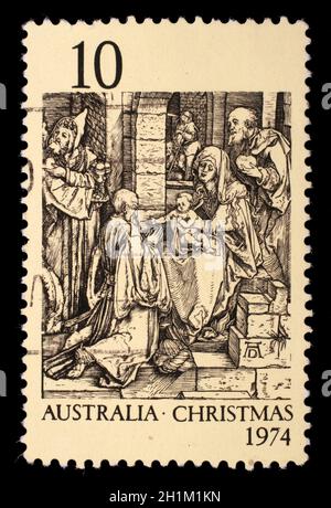 Le timbre imprimé en Australie montre l'adoration des Rois par Durer, vers 1974 Banque D'Images