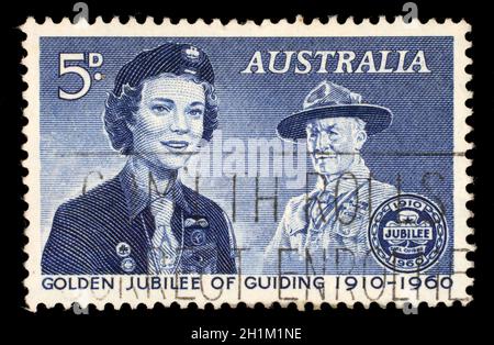 Timbres en l'Australie montre Girl Guide et Lord Baden-Powell, 50e anniversaire des Guides, vers 1960 Banque D'Images