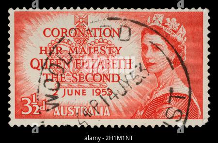 Timbre imprimé en Australie montrant le portrait de la reine Elizabeth 2e: Vers 1953 Banque D'Images