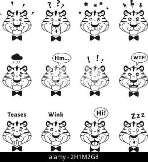 Jeu de têtes de tigres noires blanches Illustration de Vecteur