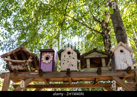 Vieilles mangeoires décoratives d'oiseaux et maisons d'oiseaux en bois Banque D'Images