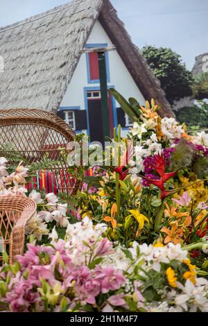 Une composition florale avec des fleurs tropicales et une maison traditionnelle de Santana dans l'arrière-plan. Madère, Portugal Banque D'Images
