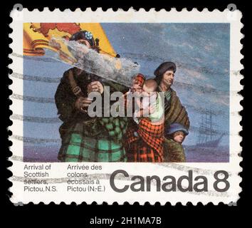 Timbre imprimé par le Canada, montre des colons écossais, vers 1973 Banque D'Images