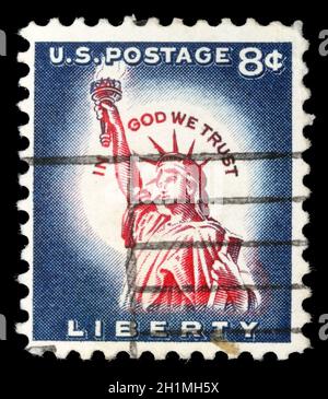 Timbre imprimé aux États-Unis, montre l'un des symboles de l'Amérique, Statue de la liberté, vers 1958 Banque D'Images