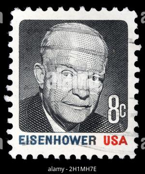 Le timbre imprimé aux États-Unis montre Portrait Président Dwight David Eisenhower vers 1970 Banque D'Images