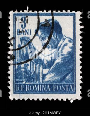 Timbres en Roumanie à partir de la série Professions, vers 1955. Banque D'Images