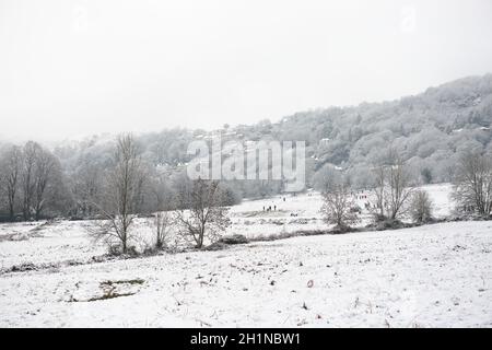 Malvern, Royaume-Uni, 28 décembre 2020 : arbres enneigés et collines de la campagne anglaise. Wyche coupant le fond sur la terre commune enneigée. Banque D'Images