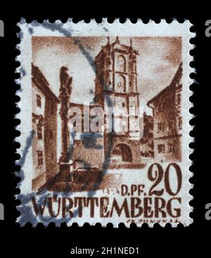 Timbre émis en Allemagne - Württemberg, alliés de l'occupation 1945-1949 montre porte de la ville de Wangen, vers 1948. Banque D'Images