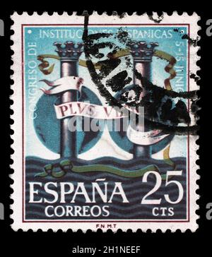 Timbre émis en Espagne montre Congrès des institutions d'origine hispanique, vers 1963. Banque D'Images